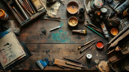 Creative Artist's Workspace with Paintbrushes, Color Palettes, and Paint Stains on a Rustic Table, Perfect for Inspirational Art and Craft Photography