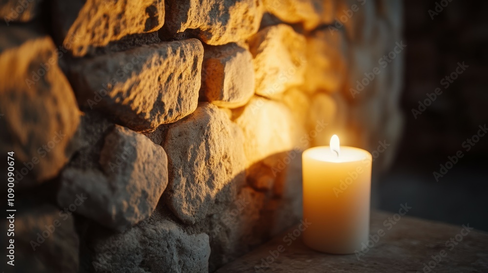 Poster soft glowing candlelight against rustic stone wall creating a warm and tranquil atmosphere for relax