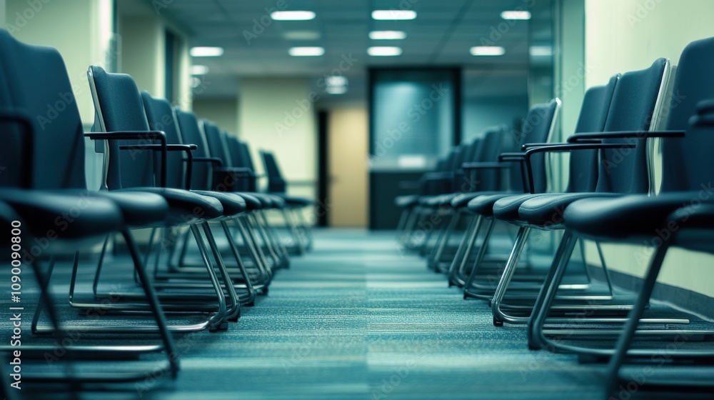 Poster A labyrinth of bureaucratic corridors lined with rows of empty chairs and dimly lit by flickering fluorescent lights, Reflecting the frustration of administrative inefficiency, photography style