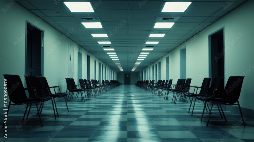 Poster A labyrinth of bureaucratic corridors lined with rows of empty chairs and dimly lit by flickering fluorescent lights, Reflecting the frustration of administrative inefficiency, photography style