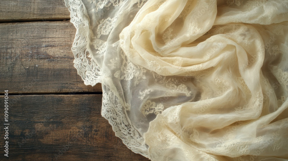 Poster delicate cream lace cloth draped over a rustic wooden surface creating a soft and elegant background