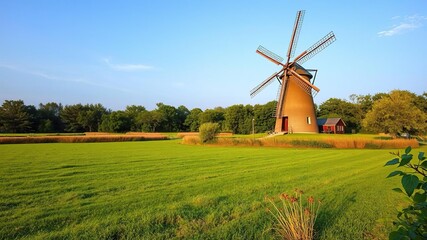 Fototapeta premium Wide shot of the windmill in a serene natural setting, rural landscape, old building