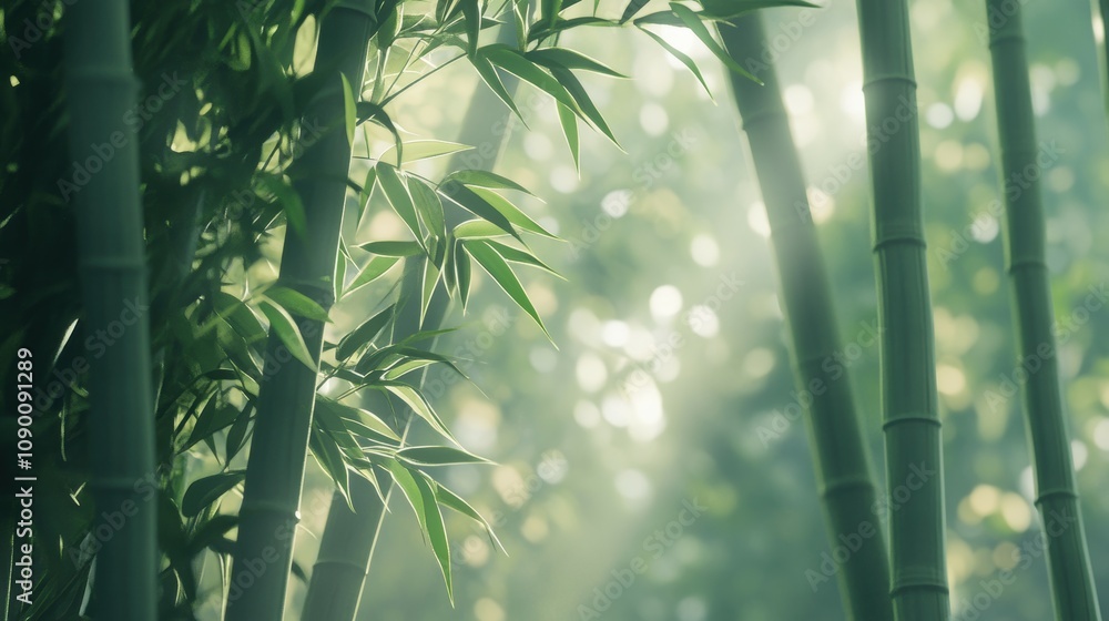 Poster serene bamboo forest with sunlight filtering through leaves, creating a calm and tranquil atmosphere