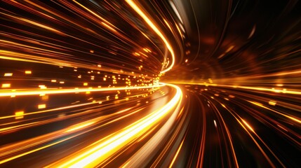 Abstract glowing orange light trails in a dark tunnel, depicting speed and energy.