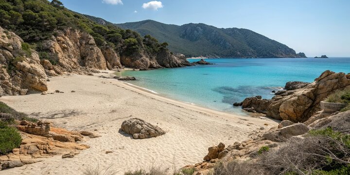 Sandy beach of Cala di Cupabia with turquoise waters surrounded by rocky cliffs , Corse, France, Mediterranean, coastline