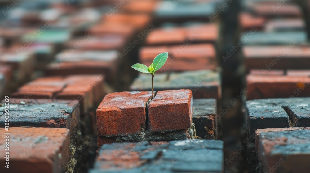 Aufkleber a lone seedling growing from a crack in a diverse array of bricks, symbolizing hope and growth amids
