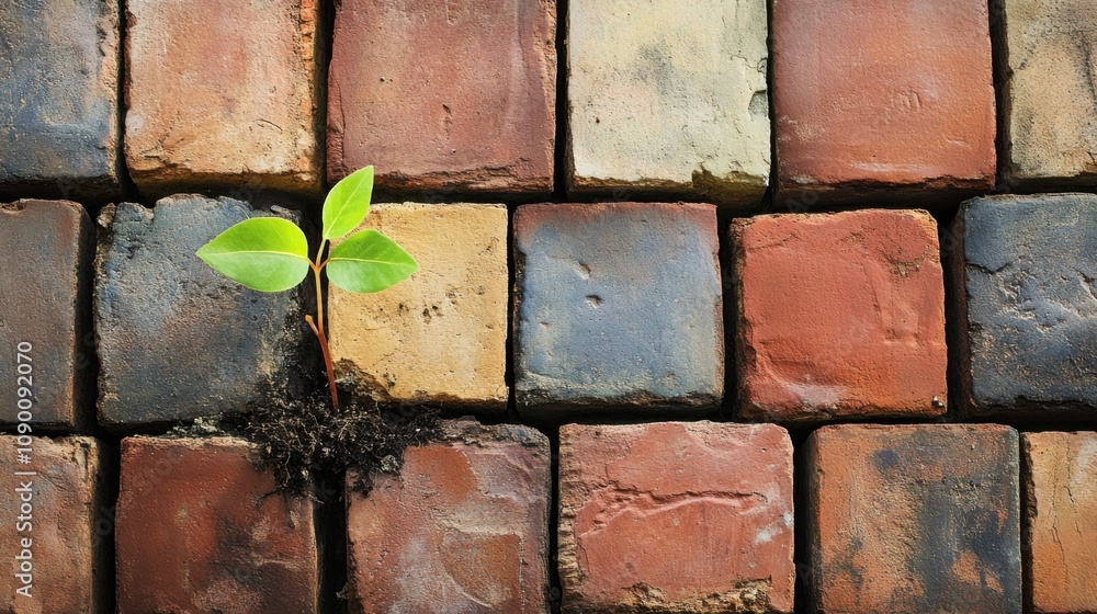 Poster A lone seedling growing from a crack in a diverse array of bricks, symbolizing hope and growth amidst diversity, minimalist composition