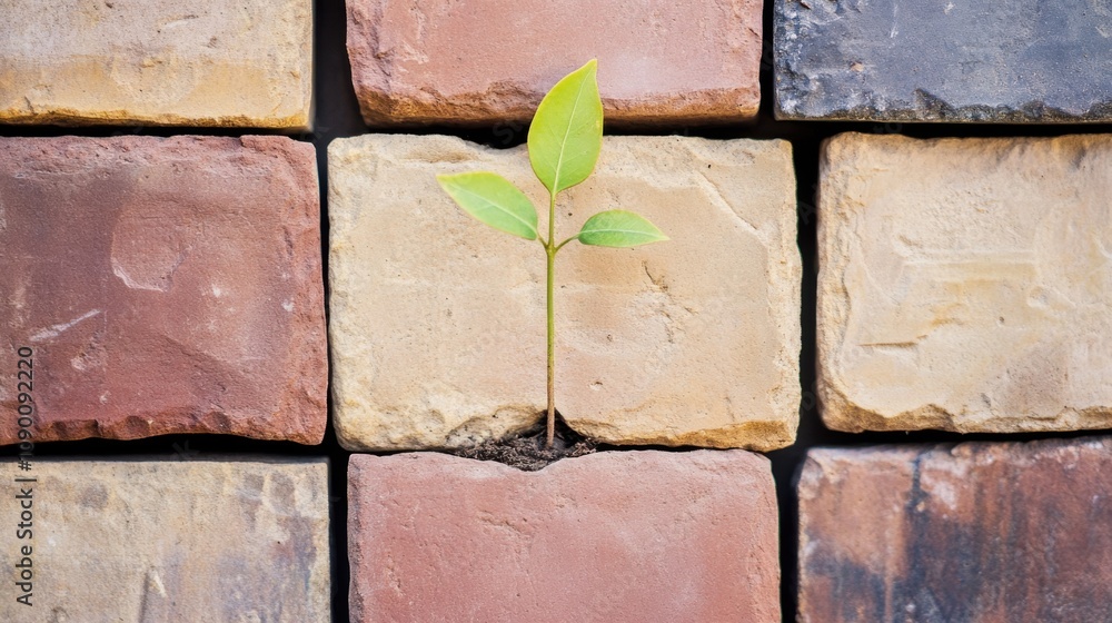 Poster A lone seedling growing from a crack in a diverse array of bricks, symbolizing hope and growth amidst diversity, minimalist composition