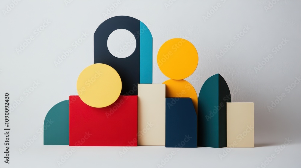 Poster a minimalist arrangement of diverse geometric shapes in various colors, reflecting the concept of in