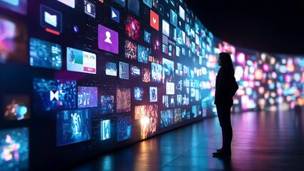 Backview of a young looking at animated stream of online interfaces with social media, fintechservices, e-commerce shopping, internet influencers and video streaming. Visualization of data usage. - Powered by Adobe