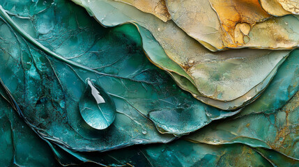 Obraz premium Water Drop on Resin Leaf: Abstract Nature Art, Teal and Gold