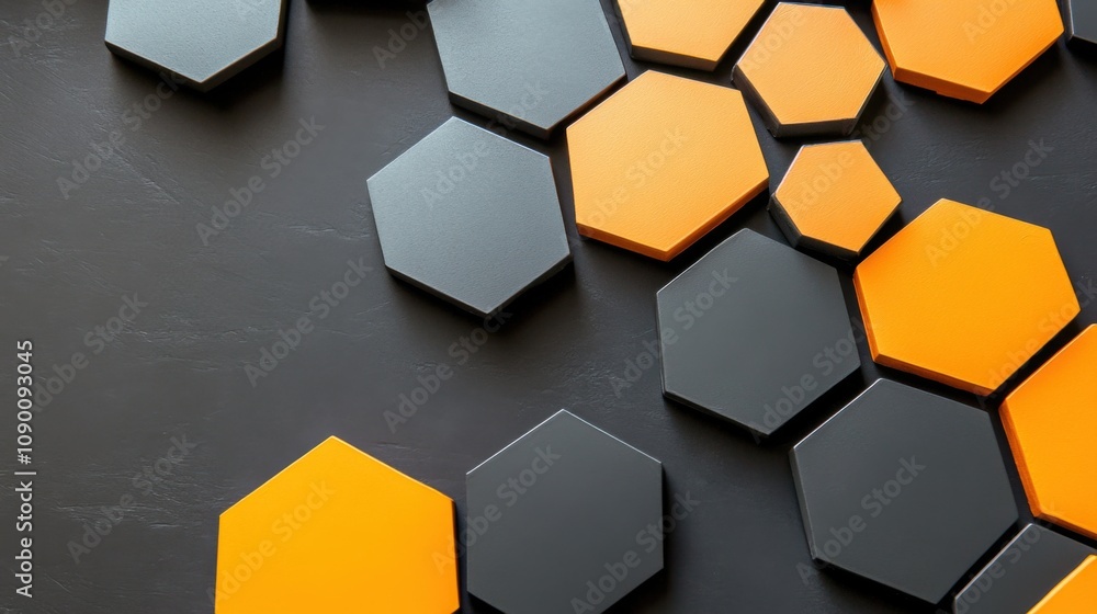 Poster A minimalist composition of diverse, fragmented hexagons coming together to form a geometric pattern, Symbolizing the assembly of varied identities into a cohesive structure