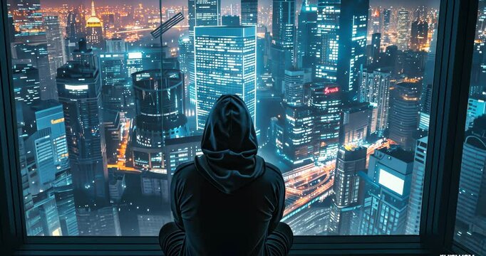 High-tech hacker's enclave overlooking a sprawling metropolis, 4K Video