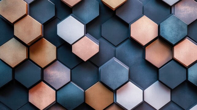 A minimalist composition of diverse, fragmented hexagons coming together to form a geometric pattern, Symbolizing the assembly of varied identities into a cohesive structure