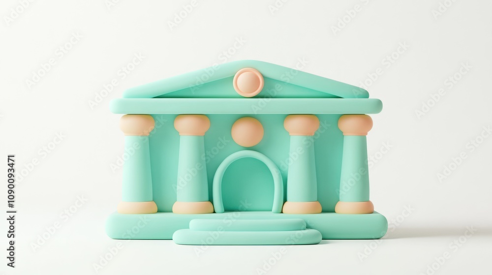 Poster a stylized, pastel-colored building with columns and an archway, resembling classical architecture.