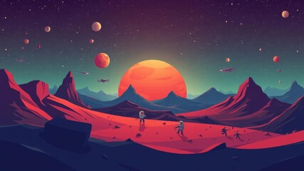 Fototapeta premium Alien fantasy landscape with astronauts family on red planet surface colonization concept for computer game or poster design cartoon vector illustration, fantasy, red planet