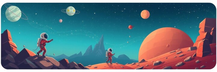 Naklejka premium Alien fantasy landscape background with astronauts family on red planet surface colonization concept for computer game or poster design cartoon vector illustration, surface colonization, landscape