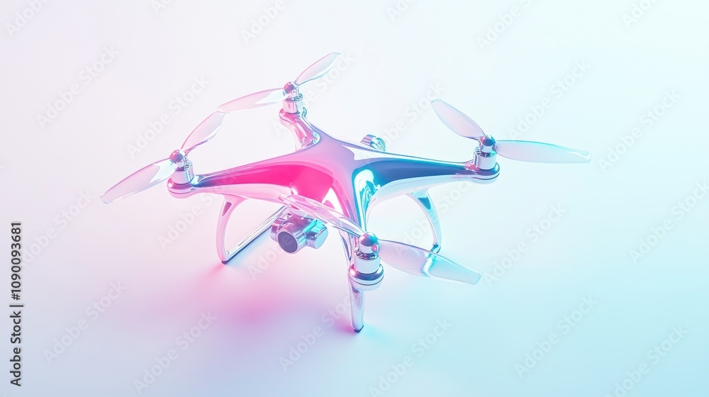 Poster a colorful drone with sleek design, showcasing its propellers and camera features.