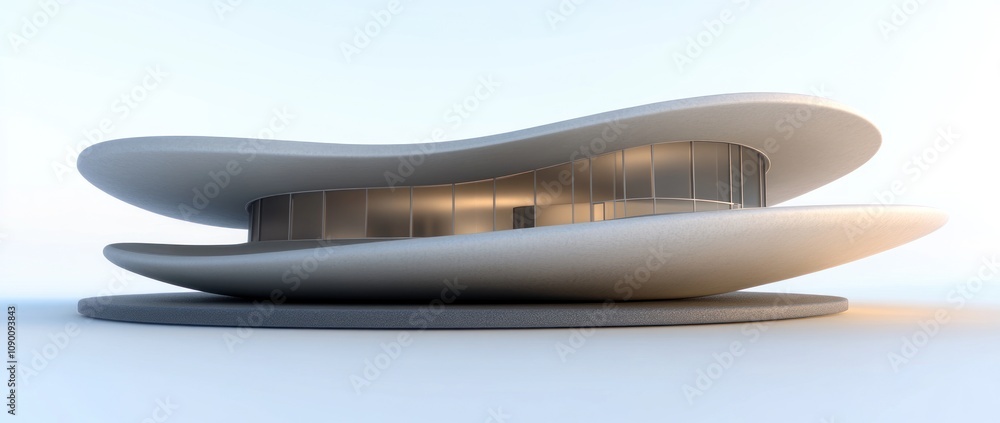 Poster a modern architectural design featuring smooth, flowing shapes and large glass windows.