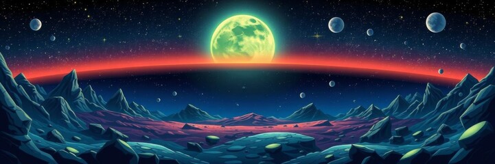 Fototapeta premium Alien night planet landscape with flying rocks, stars, glowing liquid plasma, and cracked land, liquid, cartoon