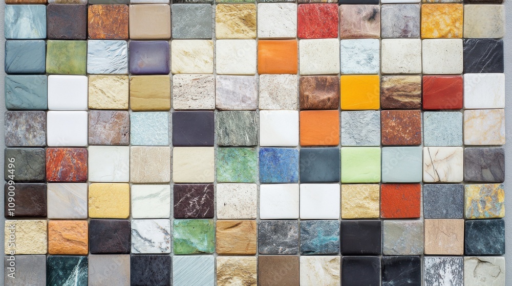 Poster A mosaic of different colored tiles forming a single image, Representing the unity and beauty of diverse elements, minimalistic style