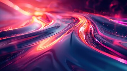 Abstract swirling liquid with vibrant red, pink, and blue neon light streaks and glowing particles.