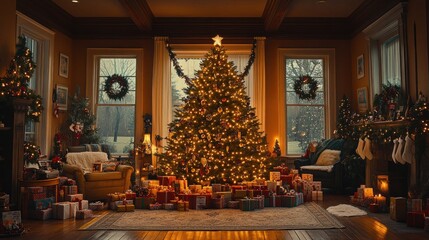 Fototapeta premium Large Christmas tree in a cozy living room with presents.