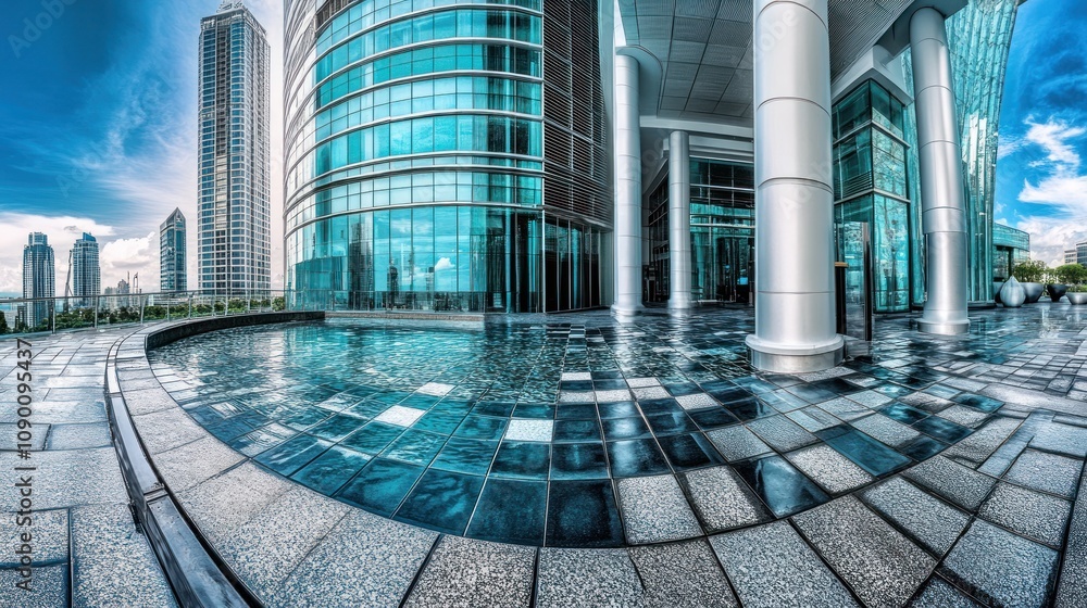 Aufkleber modern glass building with reflective surfaces and a water feature in an urban setting.
