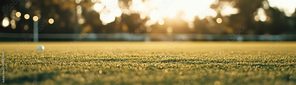 Poster a close-up view of a grassy field with a golf ball, illuminated by soft sunlight.