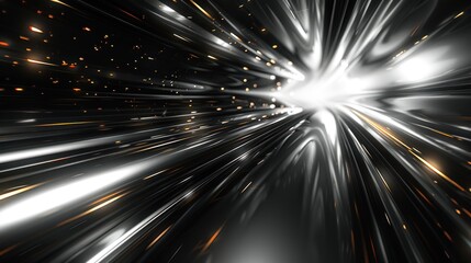 Obraz premium Abstract light streaks converging to a bright center, with gold sparkles in dark background.