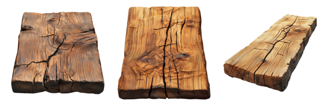 Natural Wood Planks with Rustic Texture and Cracks. Isolated on transparent background