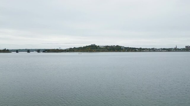 Forward moving aerial shot of Tukey's Bridge, coast of Portland Maine, USA.