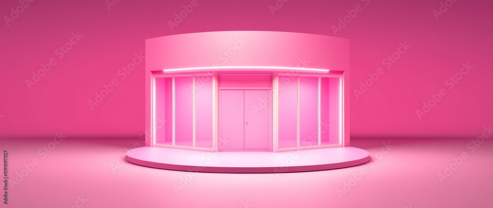 Poster a vibrant pink storefront with a circular platform and large glass windows.