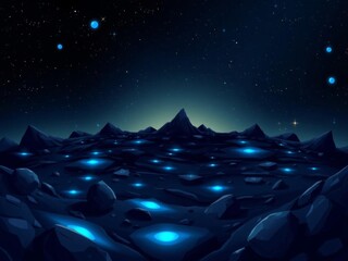 Obraz premium Alien planet with flying rocks, glowing blue spots, dark surface panorama for space game background, rocks, cartoon