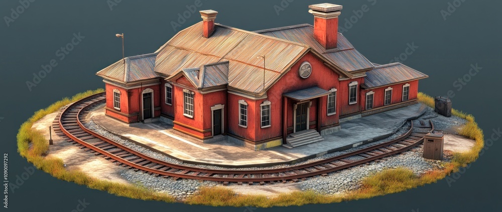 Poster A red train station model with a rustic design and surrounding tracks.