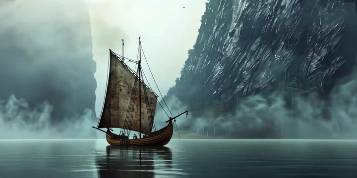 Ancient Norse ship sailing through misty fjords, 4K Video