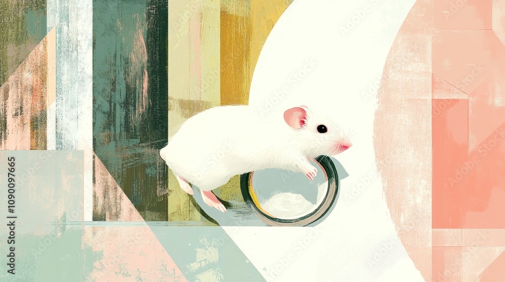 Poster a stylized illustration of a white mouse running through a circular tunnel against abstract backgrou