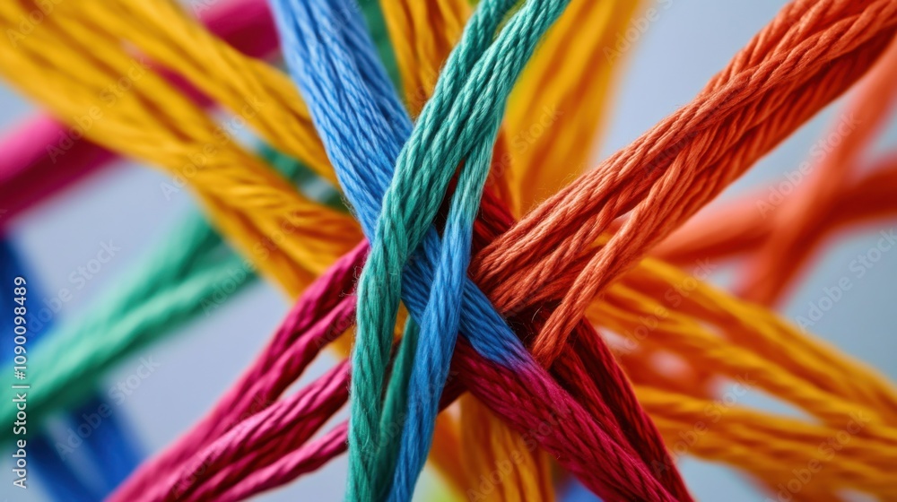 Poster A network of colorful threads weaving together into a strong fabric, Representing the interconnectedness and unity of diverse communities, minimalist composition