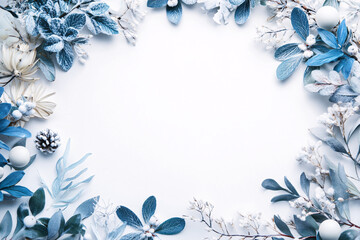 a winter-themed border of frosted blue flowers, leaves, and berries beautifully arranged on a clean white background for a seasonal look
