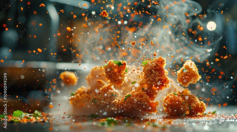 Poster crispy food pieces exploding with spices and herbs.