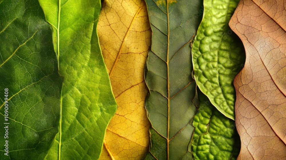 Poster a patchwork of diverse leaves forming a natural tapestry, representing the unity and strength in div