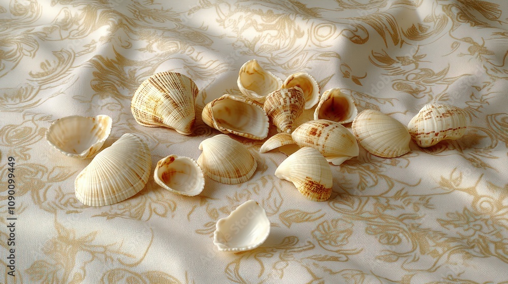 Aufkleber a collection of seashells arranged on a patterned fabric background.