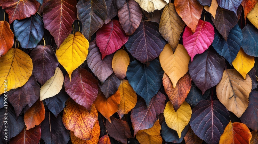 Poster A patchwork of diverse leaves forming a natural tapestry, Representing the unity and strength in diverse environments, minimalist composition