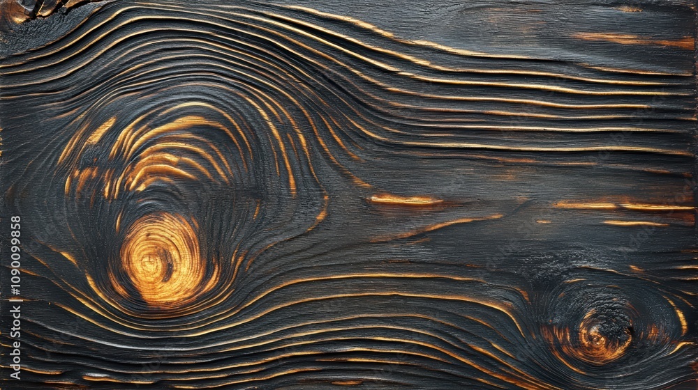 Poster detailed close-up of charred wood texture showcasing unique grain lines and swirling patterns, perfe