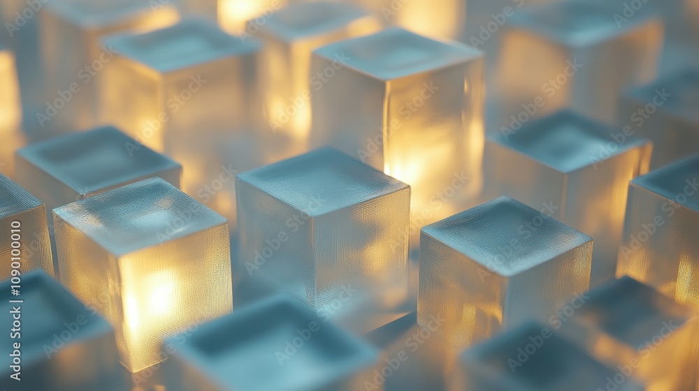 Poster Elegant Display of Frosted Glass Cubes Illuminated by Soft Light in a Calming Pattern, Highlighting the Translucence and Texture of Each Unique Piece