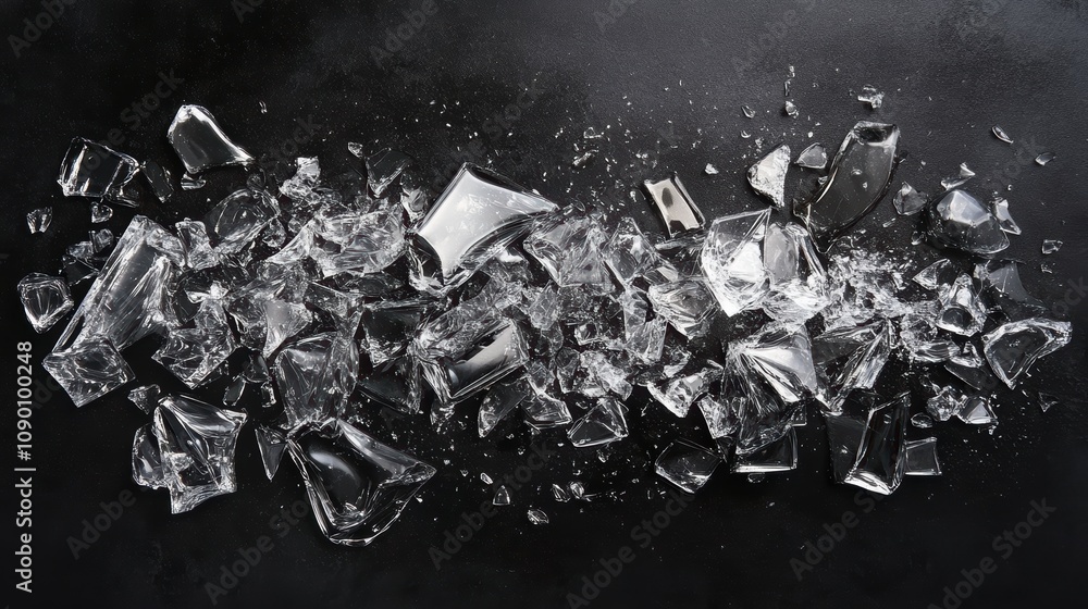 Poster shattered glass fragments across a black surface showing various sizes and shapes in a dynamic arran