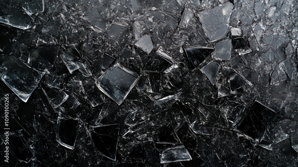 Aufkleber Shattered Glass Fragments Scatter Across a Smooth Black Surface Highlighting the Intricate Patterns and Reflections Captured in a Close-Up View