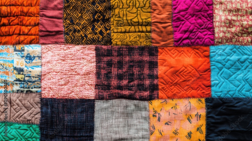 Poster A patchwork quilt with varied patterns and colors, Representing the unity and strength found in diversity, minimalist composition