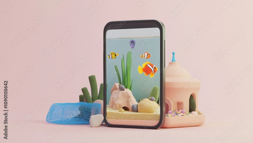Poster a smartphone displaying an augmented reality aquarium with colorful fish and plants.
