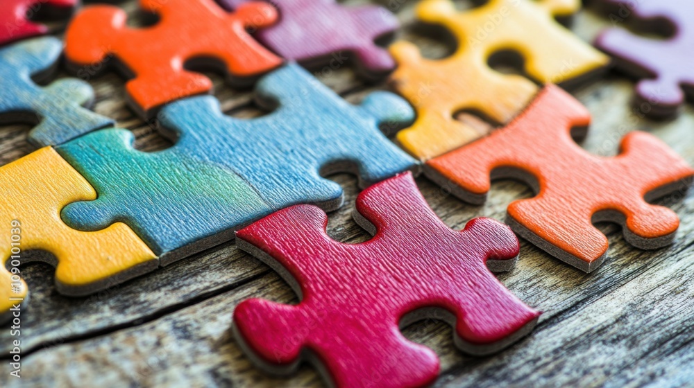Poster A puzzle with pieces of different colors and shapes, Highlighting the importance of each unique piece in creating a whole, minimalistic style